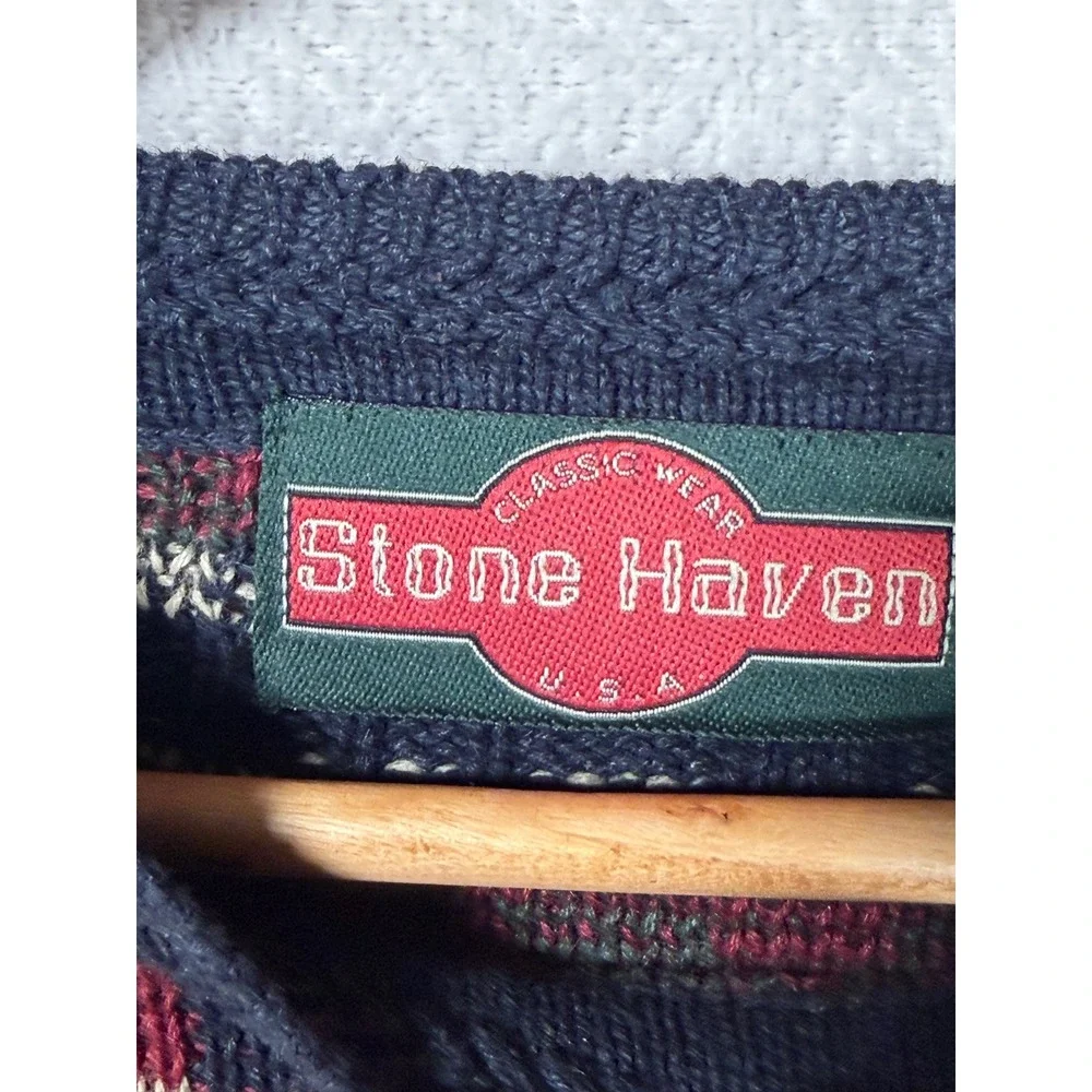 VTG Stone Haven Mens XL Plaid Crewneck Sweater Navy Green Red Ramie Cotton